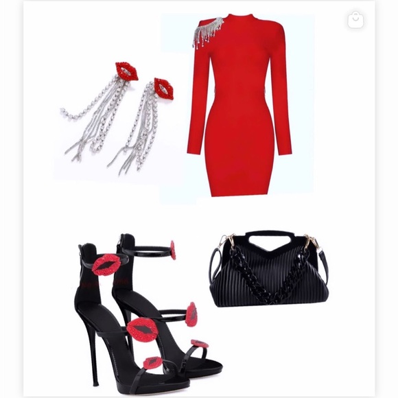 NWT CRYSTAL RED BEADING FRINGE LUXURY BANDAGE DRESS IN LARGE, SMALL - Picture 3 of 4